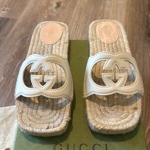 Gucci Women's Interlocking G Cut-Out Espadrille Slide Sandals Leather
